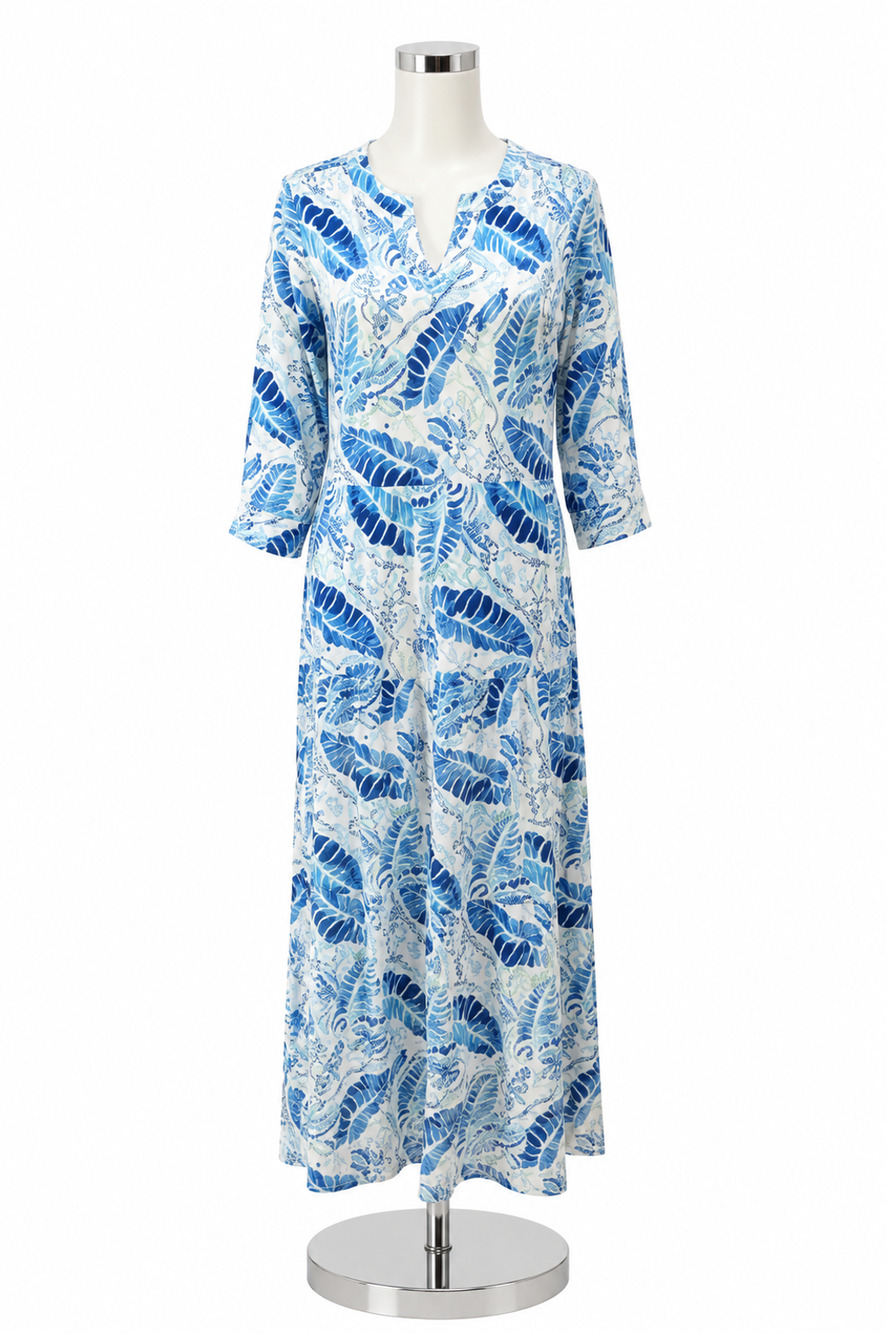 Tango Mango Blue Leaf Print Tiered Shirt Dress Petite Small